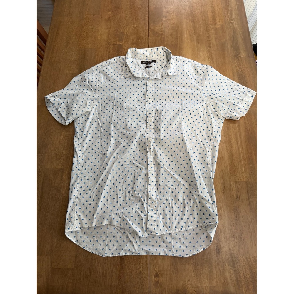 Michael Kors Mens XL Slim Fit Short Sleeve Button Down Shirt White Blue Print